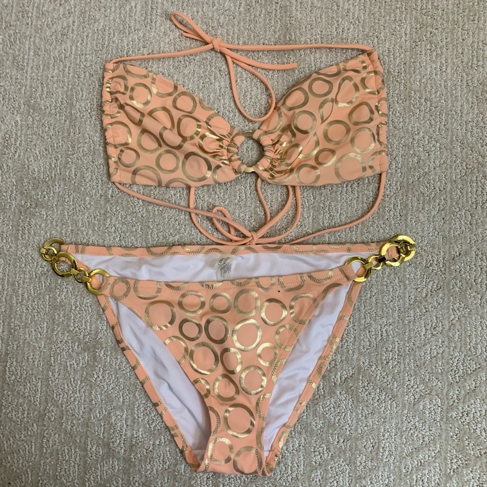Victoria's Secret  Bikini Set women’s L Peach and Gold 90’ golden rings